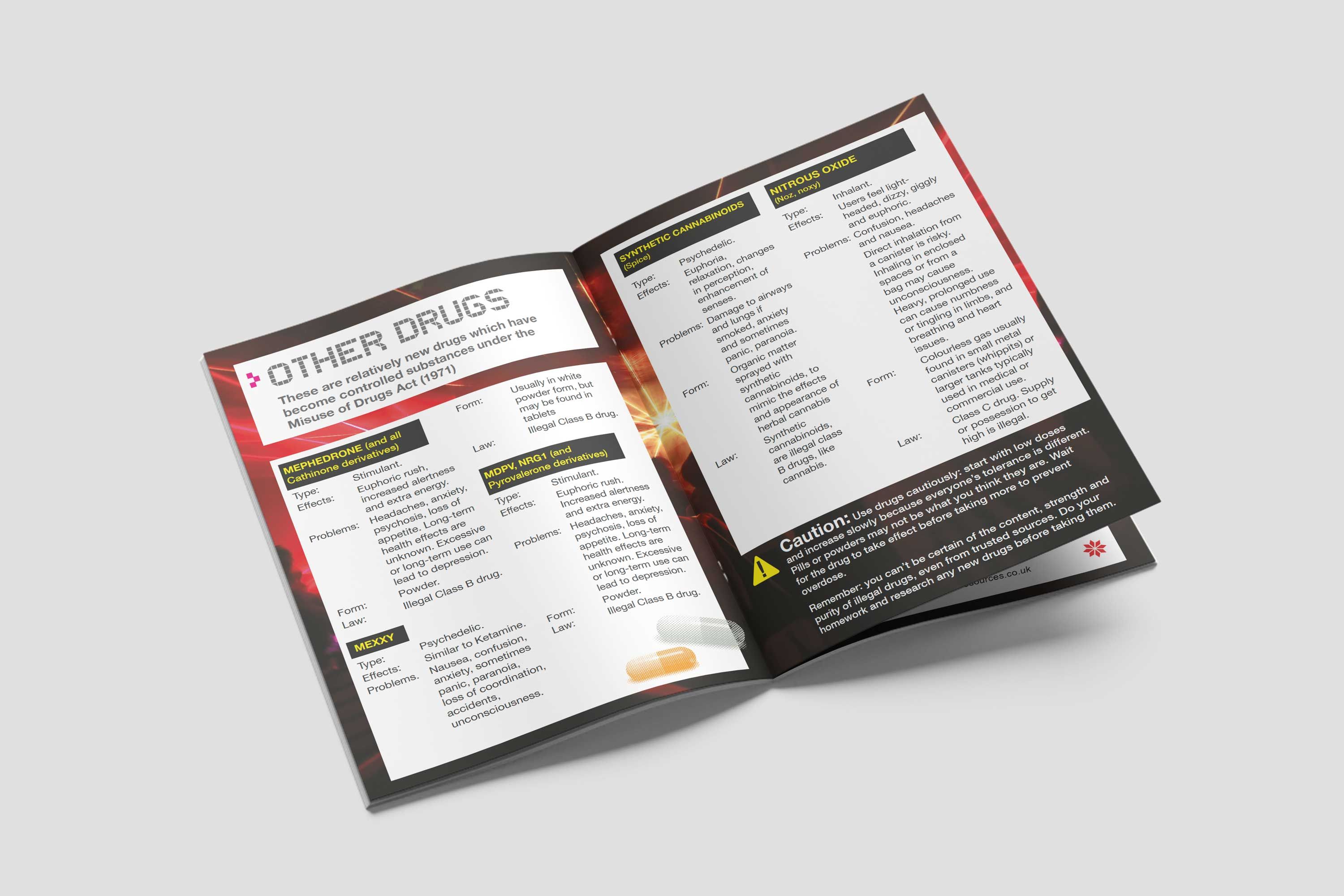 Clubber booklet section on mephedrone, MDPV, synthetic cannabinoids and nitrous oxide with harm-reduction advice.